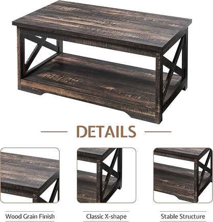 LUXOAK 3-Piece Farmhouse Living Room Table Sets, Includes 1 x Coffee Table, 2 x End Tables with Charging Station & USB Ports, Rustic Coffee Table Set of 3, Black Oak