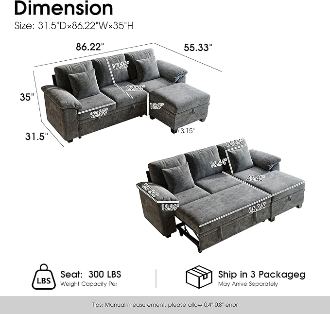 86" Modular Sectional Sleeper Sofa Bed, L Shaped 4 Seat Pull Out Couch with Storage Ottoman, Convertible Cloud Couch Bed, Sectional Couches for Living Room, Apartment (Gray)