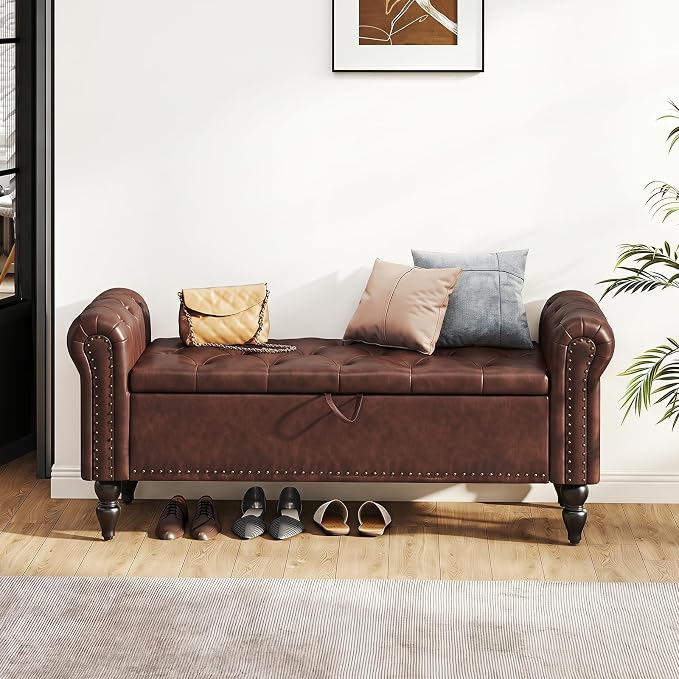 Furniliving 51” End of Bed Storage Bench, Bedroom Bench with Button-Tufted, Upholstered Storage Ottoman Benches Window Bench with Storage, Leather Bench for Living Room, Entryway, PU, Darkbrown