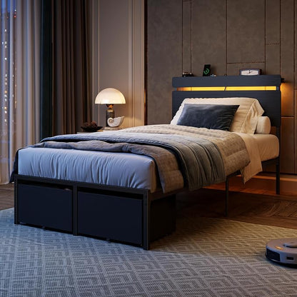 Forestell Twin Bed Frames with Wood Headboard, Black Platform Bed with 2 Storage Drawers & Shelf, Built in Charging Station & LED Lights, Metal Support, No Box Spring Needed, Camas Twin Size