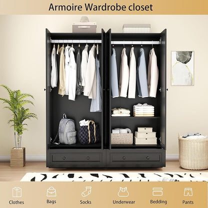 Armoire Wardrobe Closet with Drawers: 74" Bedroom Closet for Hanging Clothes, Black Wardrobes Closets with Doors, Modern Armoire Cabinet with Shelves (Black, 63")