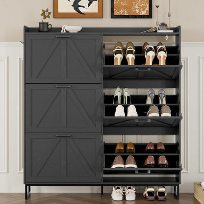 BORNOON Shoe Cabinet with 6 Flip Drawers Narrow Shoe Storage Cabinet Organizer Wooden Freestanding Shoe Rack Hidden Slim Shoes Storage Cabinet for Entryway, Hallway, Living Room, Bedroom