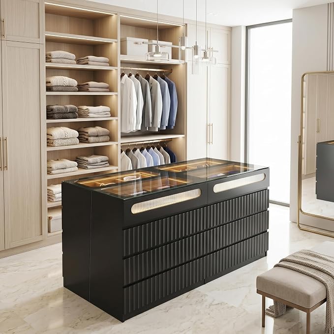 senlin Modern 16 Drawer Wardrobe Armoire with Glass Top LED Lights,Fluted Island Dresser Bedroom Closet Organizer System,Large Clothing Storage Cabinet with Jewelry Tray,Hidden Handles (Black)