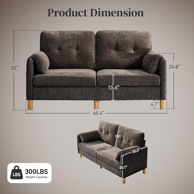 65" Loveseat Sofa, Mid Century Loveseat Couch for Living Room with Storage Pockets, Upholstered Small Loveseat for Small Spaces, Bedroom, Home Office, Apartments, Small Sofa Chenille Brown