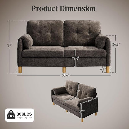 65" Loveseat Sofa, Mid Century Loveseat Couch for Living Room with Storage Pockets, Upholstered Small Loveseat for Small Spaces, Bedroom, Home Office, Apartments, Small Sofa Chenille Brown