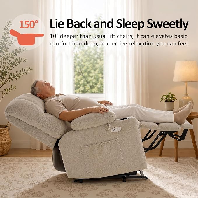 MCombo Oversized Power Lift Recliner Chair for Elderly, Lift Chair with Heat and Massage, Lift Recliner for Big and Tall, Cup Holders, USB & Type C Ports, Fabric R7092 (Beige, Oversize)