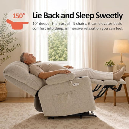 MCombo Oversized Power Lift Recliner Chair for Elderly, Lift Chair with Heat and Massage, Lift Recliner for Big and Tall, Cup Holders, USB & Type C Ports, Fabric R7092 (Beige, Oversize)