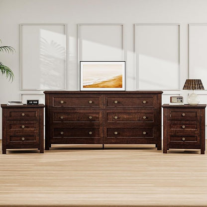 Farmhouse Dresser Nightstand Sets, 3-Piece Bedroom Furniture Set for Home | 6 Drawer Dresser Closet & 3 Drawer Nightstand Set of 2, Chest of Drawers for Bedroom, Living Room, Entryway, Dark Brown