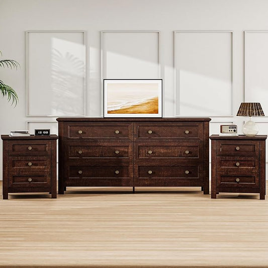 Farmhouse Dresser Nightstand Sets, 3-Piece Bedroom Furniture Set for Home | 6 Drawer Dresser Closet & 3 Drawer Nightstand Set of 2, Chest of Drawers for Bedroom, Living Room, Entryway, Dark Brown