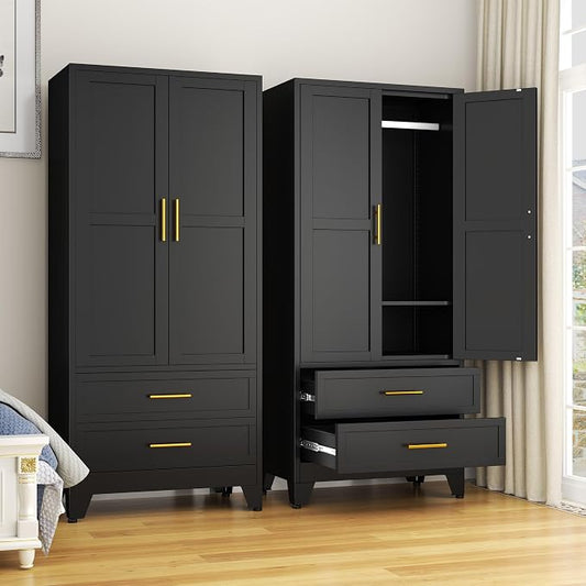 GAIOUS Metal Wardrobe Cabinet with 2 Drawers, 71" Clothing Storage Cabinets | with 2 Doors, 1 Adjustable Shelf, Steel Armoire Wardrobe Closet with Hanging Rod for Bedroom, Gym, Cloak Room (Black)