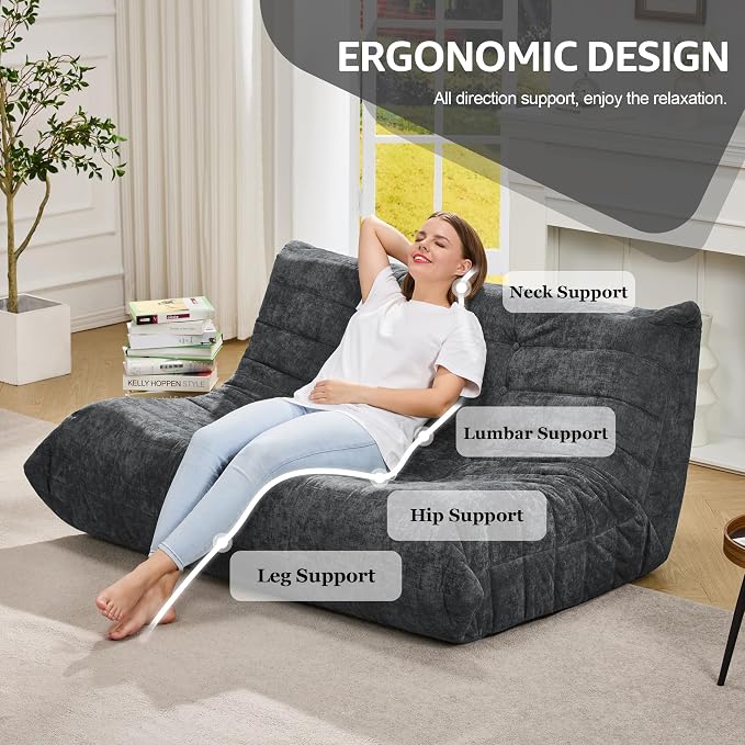Hobestluk Large Bean Bag Chair Faux Fur BeanBag Couch for Living Room | Darkgrey Chenille, Loveseat,Ergonomic Design,Memory Foam,Anti-slip,No Assembly Required,Decorative Style for Living Room