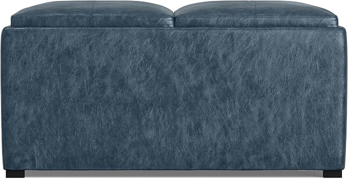 SIMPLIHOME Avalon 35 inch Wide Contemporary Square Coffee Table Storage Ottoman in Denim Blue Vegan Faux Leather, Assembled, For the Living Room and Bedroom
