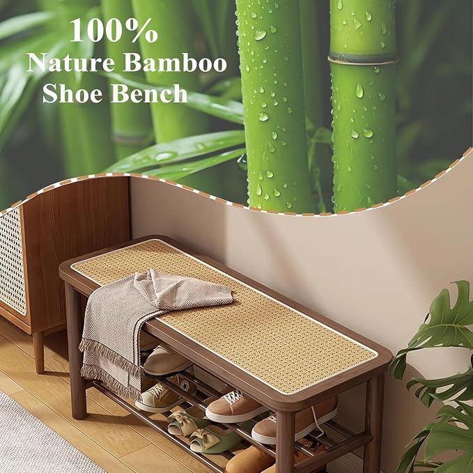 SOBIBO Bamboo Shoe Rack Bench with Rattan Seat, 3-Tier Shoe Storage Bench, Entryway Bench for Hallway,Walnut 39.4 inches