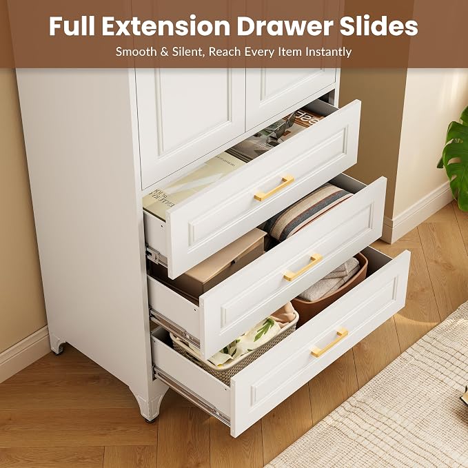 Metal Wardrobe Cabinets with 3 Drawers,White Armoire Wardrobe Closet with Hanging Rod,Clothes Storage Cabinet with Adjustable Shelves and Doors,Clothing Cabinet for Bedroom, Laundry Room,Office