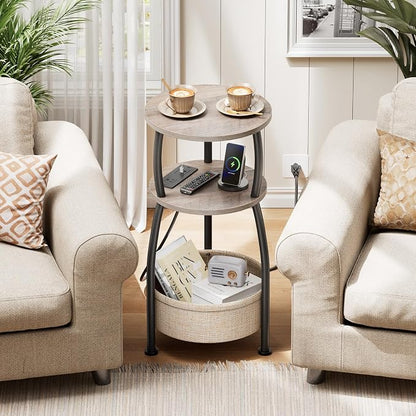 Small Side Table with Charging Station, Round End Table with Basket, USB Port and Outlet, 3 Tiers Sofa Couch Table Bedside Table for Living Room Bedroom, Small Spaces, 11.81in Greige