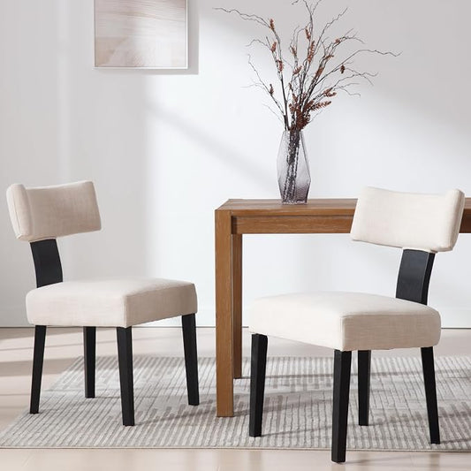 RIVOVA Mid Century Modern Dining Chairs Set of 2 Farmhouse Linen Fabric Upholstered Dining Room Chairs Kitchen Chairs with Curved Backrest Black Wood Legs, Beige