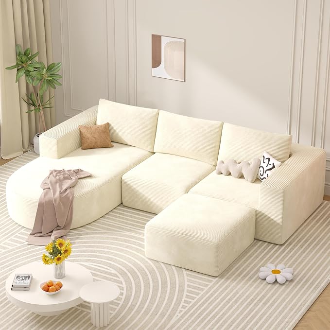 U-Shaped Boneless Couches for Living Room with Chaise,104" Modular Sectional Sofa with Convertible Ottoman,Cozy Cloud Couch with U-Shaped,Sponge Compression Sofas in a Box