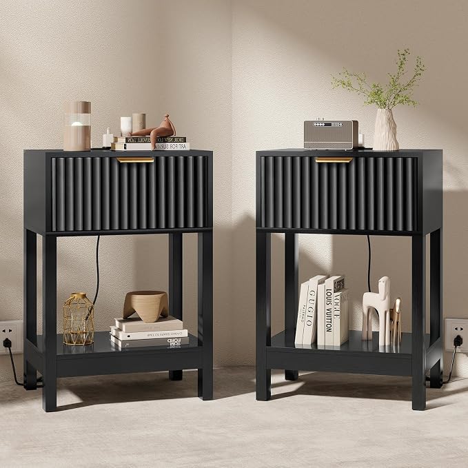 Nasonet Night Stand Set 2, Fluted Nightstand with Charging Station, Wood Bedside Table with Drawer & Storage Shelf, Modern End Tables for Bedroom Sofa Couch Office, Black