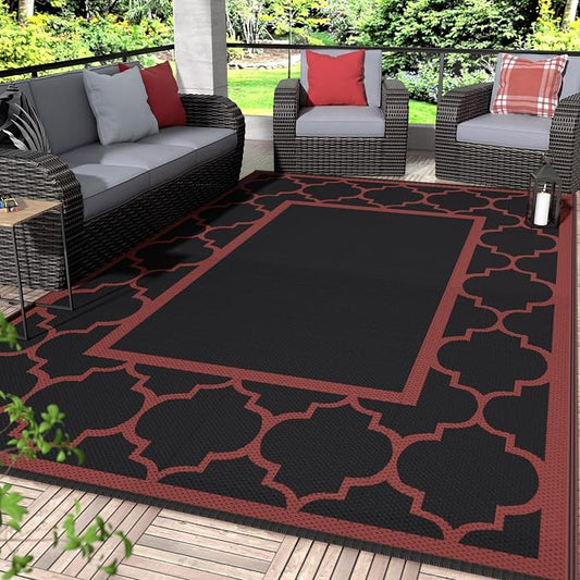 GENIMO 6' x 9' Outdoor Rug Waterproof for Patio Decor, Foldable Reversible Plastic Straw Area Rugs Mat for Camper, Outside Carpet for Rv, Deck, Porch, Picnic, Beach, Balcony, Black & Red