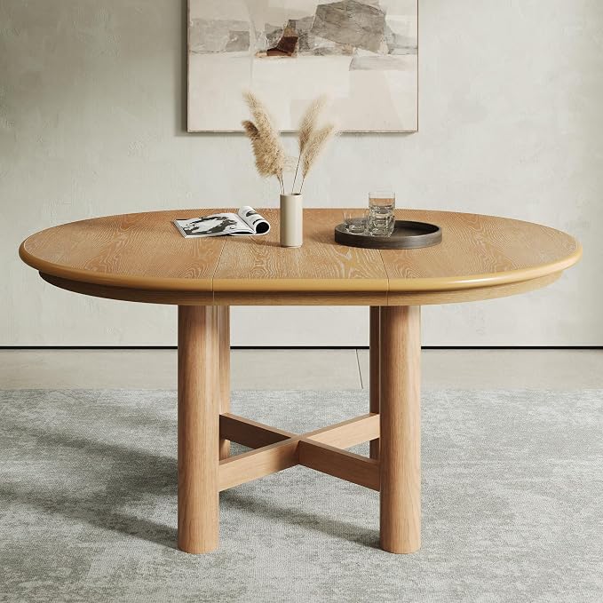 LUMISOL Extendable Round Dining Table for 4-6 People, 47”-63” Oval Kitchen Table with 16” Removable Leaf and Solid Wood Legs for Kitchen, Dining Room, Natural
