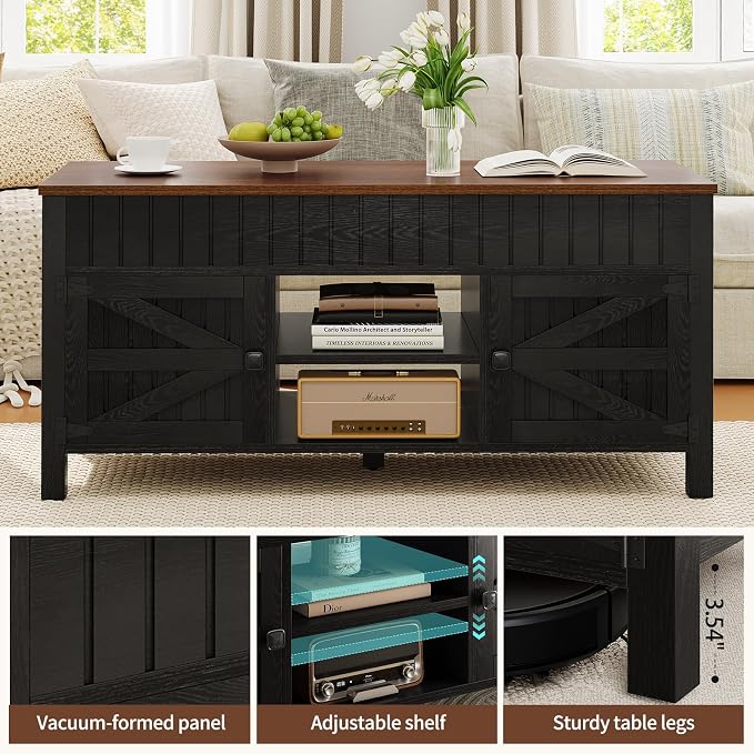 47.3" Lift Top Coffee Table with Storage - Black Coffee Tables for Living Room, Farmhouse Wood Center Table, Large Rectangle Middle Tables with Hidden Compartment & Adjustable Shelf