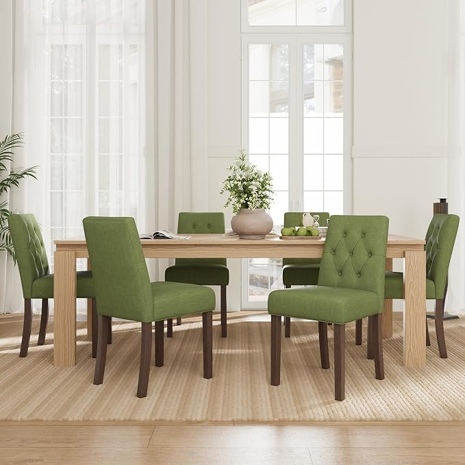 Upholstered Dining Chairs Set of 6 - Modern Parsons Kitchen & Dining Room Chair with Diamond Tufted Back, Solid Wooden Legs for Apartment, Café, Vanity