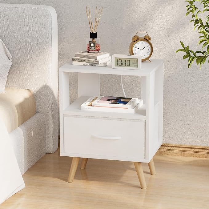 Huhote Kids Nightstand, 2-Tier Night Stand with Charging Station and Drawer, Modern Side Table for Bedroom, Study Room, Small Spaces, White
