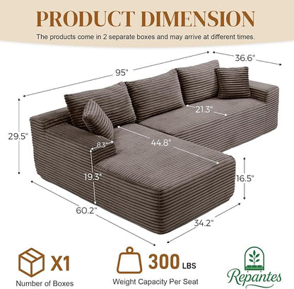 95" L Shaped Boneless Sectional Couches, Wide Armrest, Deep Seat, Memory Foam, Assembly Free, Modern Comfy Corduroy Fluffy Cloud Sofa with Left Chaise for Living Room, Small Spaces, Brown
