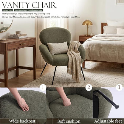 Accent Chair, Cloud Accent Chair for Bedroom, Boucle Fabric (Green) | Comfy Bedroom Chair with Love Back and Sturdy And Durable Solid-Wood Frame/ Study Room / Bedroom / Living Room /(Cream Style)