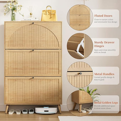 Fsbecl Shoe Storage Cabinet for Entryway with 3 Flip Drawers, Narrow Shoe Organizer with Fluted Panel, Freestanding Wood Hidden Shoe Cabinet for Hallway(Wood Color, 31.4''W, Double Layer)