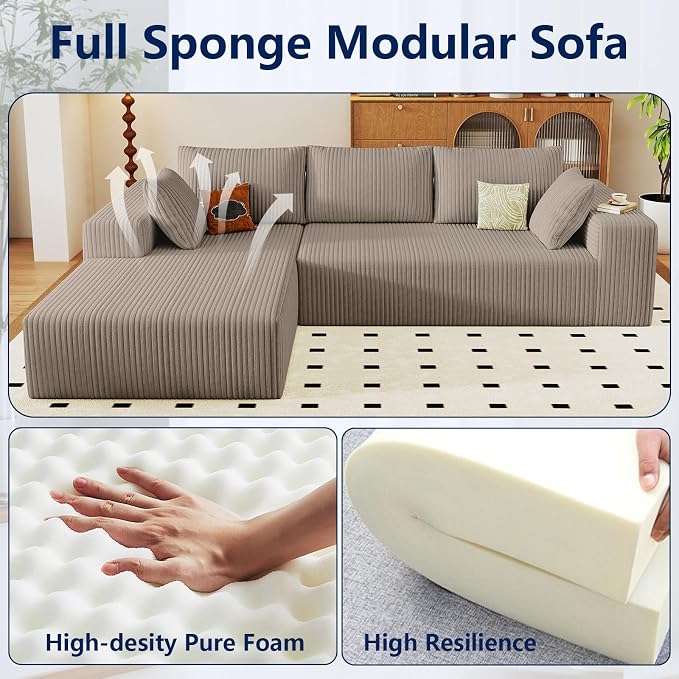 96" Modular Sectional Sofa, Modern Corduroy Cloud Couch with Deep Seat, Boneless Couch Upholstered 3-Seater L-Shaped Sofa for Living Room, No Assembly Required (Camel, Left-Facing Chaise)