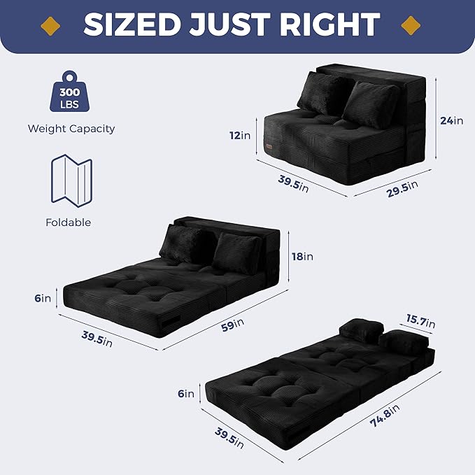 MAXYOYO Convertible Sofa Bed, Fold Out Loveseat Sofa Couch with Pillow, 4 in 1 Tufted Folding Couch Bed Foam Floor Couch, Lazy Chair for Living Room Bedroom Guest Room, Black