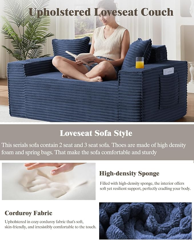 43.3" Boneless Chair with Cup Holder,Oversize Accent Chair with Side Pocket, Large Reading Sofa Chair for Compact Living Rooms, Apartments (Blue, Single Sofa Chair)