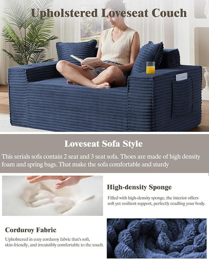 43.3" Boneless Chair with Cup Holder,Oversize Accent Chair with Side Pocket, Large Reading Sofa Chair for Compact Living Rooms, Apartments (Blue, Single Sofa Chair)