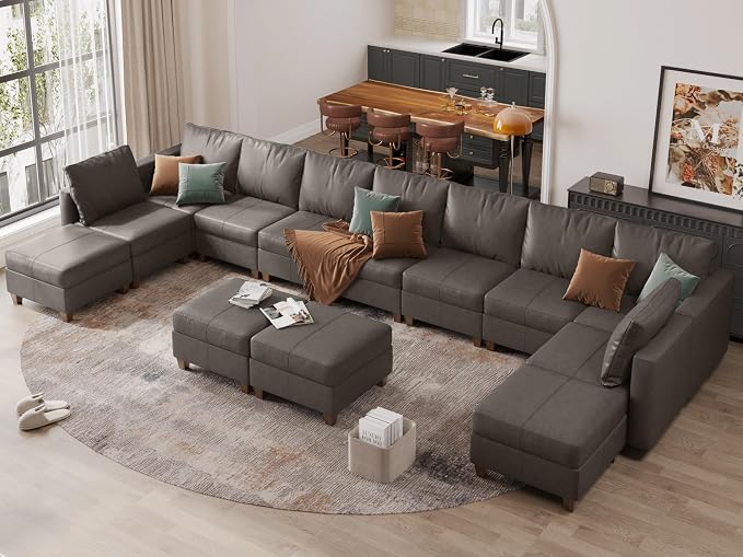 EASE MOOSE Faux Leather Modular Couch Sectional Sofa with Storage Ottomans, Oversized U Shaped Couch, Grey