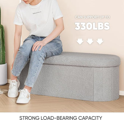 B FSOBEIIALEO Ottoman with Storage for Living Room, Sherpa Folding Storage Ottoman Foot Rest, 43.3 Inches Collapsible Bedroom Bench Grey
