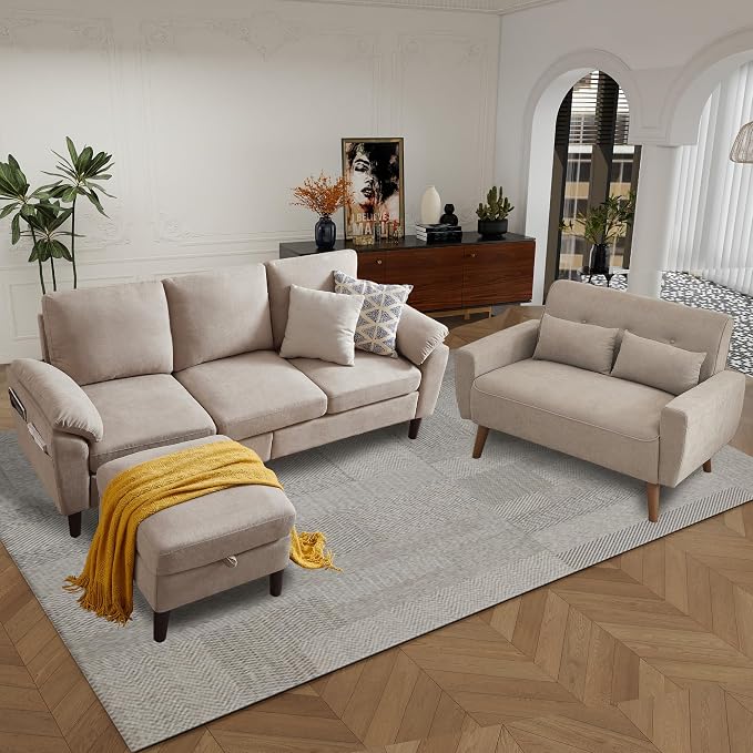 79" Convertible Sectional Sofa Set, Modern Linen Small L Shaped Couch with Reversible Chaise and Loveseat Sofa, 3-Seat Sofa Couches for Living Room, Office, Apartment, Beige