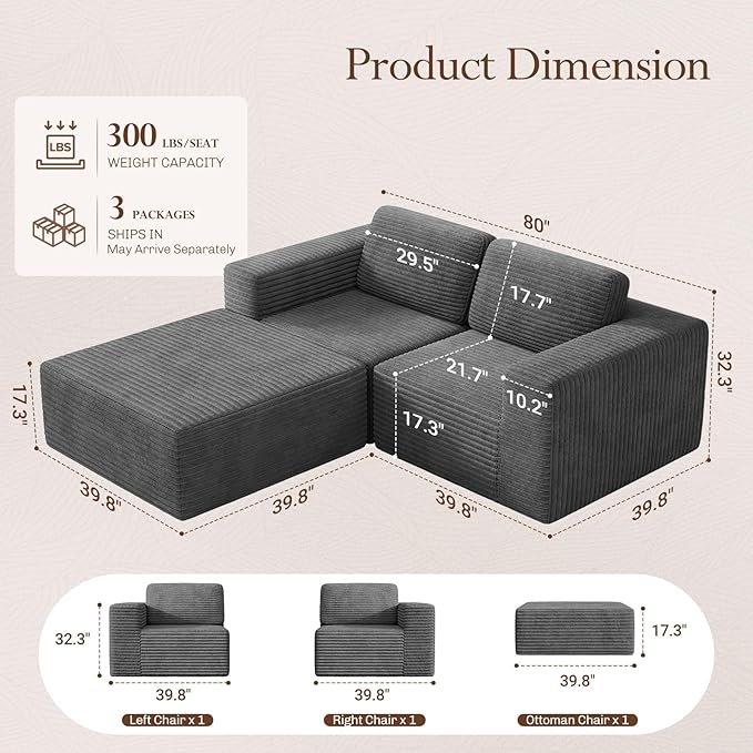 Vesgantti 80" Modular Sectional Sofa, Corduroy Cloud Couch with Deep Seats & Spring Support, Compact 2 Seater Boneless Couch, L-Shaped Modular Sofa for Small Spaces, Apartments, No Assembly, Grey