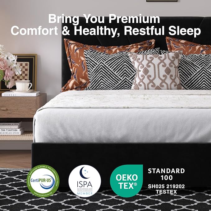 Novilla King Bed Frame and Headboard, King Size Bed Frame with Storage Drawers, King Bed Frame with LED Lights, Charging Station and Adjustable Headboard, No Box Spring Needed, Black Velvet