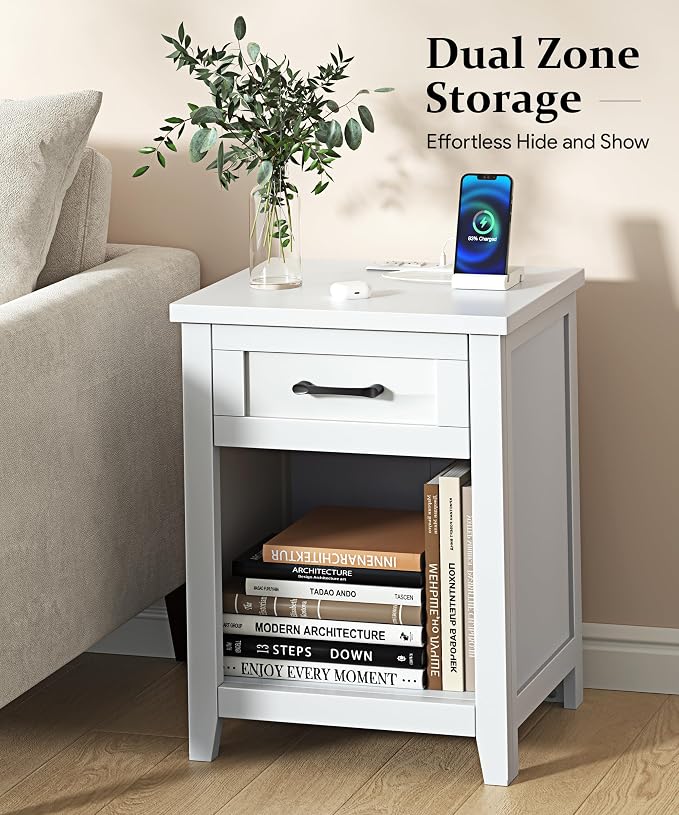 Decofy Farmhouse Nightstand with Charging Station & Large Storage, Modern End Tables with Outlets, USB Ports and Type-C Ports, Easy Assembly for Bedroom (Pure White)