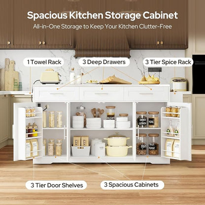 Concho 71'' Kitchen Island with Seating and Stainless Steel Countertop, Rolling Kitchen Carts on Wheels with Folding Drop Leaf, Bar Stool, Power Outlet, Spice/Towel Rack, White