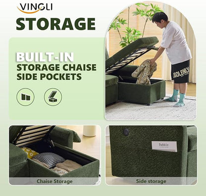 VINGLI Sectional Sleeper Sofa with Pull Out Couch Bed, 85 Inch L-Shaped Convertible Sofa Bed, 5 Seat Modular Sectional Couches for Living Room with Storage Chaise, USB Charging, Side Pockets