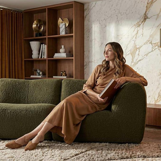 Curved Sectional Modular Couch with Chaise, Modern 110.24'' Boneless Sofa with Deep Seat, Sherpa Boucle Cloud Couch for Living Room, Cozy Teddy 3 Seater Couches，No Assembly, Green