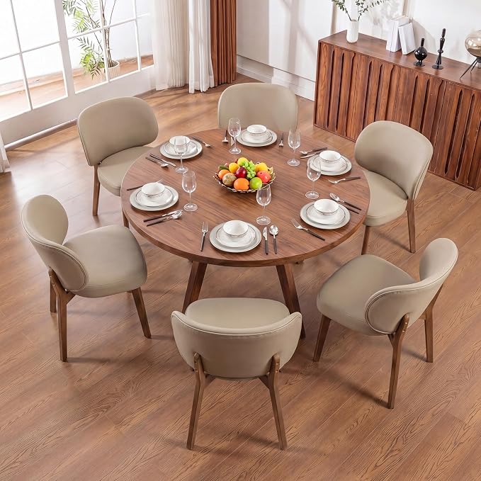 YOUNIKE Dining Chairs Set of 6 Modern Kitchen Dining Room Chairs Khaki | Faux Leather Upholstered Armless Side Accent Chair with Back Wide Padded Seat Wooden Leg, Soft, Breathable, Comfortable