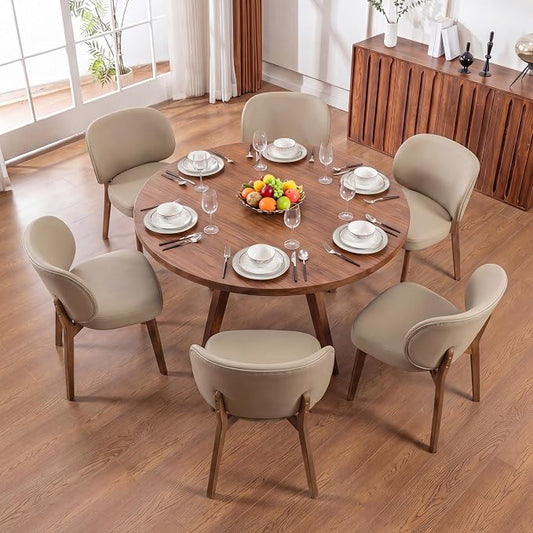 YOUNIKE Dining Chairs Set of 6 Modern Kitchen Dining Room Chairs Khaki | Faux Leather Upholstered Armless Side Accent Chair with Back Wide Padded Seat Wooden Leg, Soft, Breathable, Comfortable