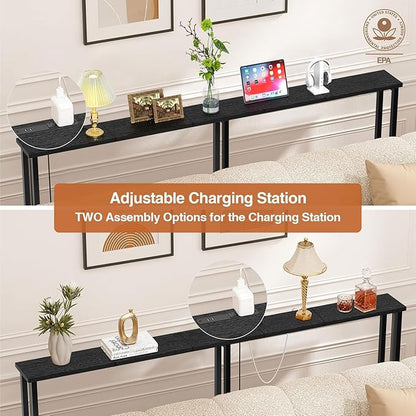 Keelian 63" Sofa Table Narrow Long with Power Outlets & 2 USB Ports, Metal Frame,Behind Couch Table Behind Sofa for Living Room, Hallway, Entrance- Easy Assembly, 4.9' Extension Cord Included.