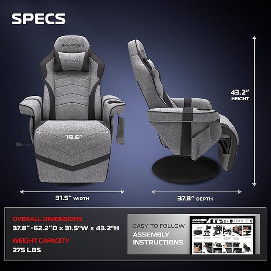 RESPAWN 900 Console Gaming Recliner with Footrest and Lumbar Support - Comfortable Ergonomic Gaming Chair with Headrest, No Wheels, Reclining, Heavy Duty, Racing Style Video Game Chairs - Gray Fabric