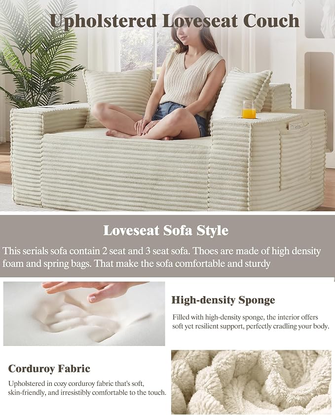 61" Boneless Sofa Couches with Cup Holder,2 Seat Loveseat Sofas with Side Pocket for Compact Living Rooms, Apartments (Camel, Loveseat Sofa)