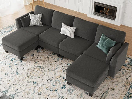 Modular Sectional Sofa, 6 Seaters Modular Sleeper Sofa Couch, Comfy Sectionals Couches Bed, Convertible Sofas with Ottomans, Sectional Couches for Living Room, Dark Grey