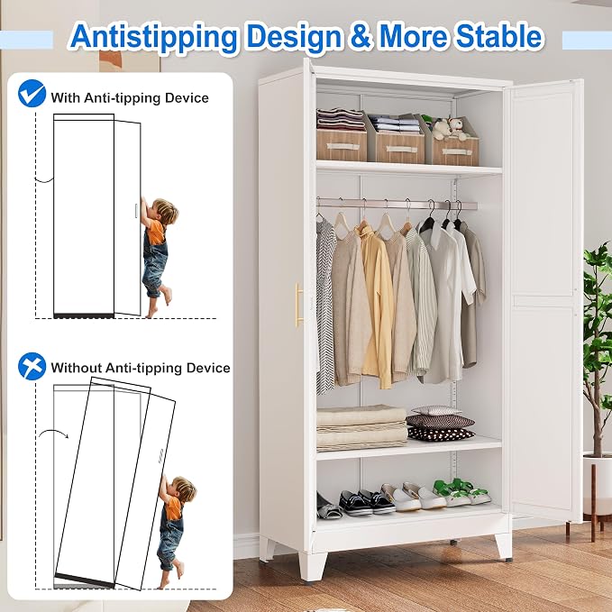 PAOFIN 71" Metal Armoire Wardrobe Closet, Bedroom Clothing Storage Cabinet with Hanging Rod, Freestanding White Armoire Cabinet with Adjustable Shelves